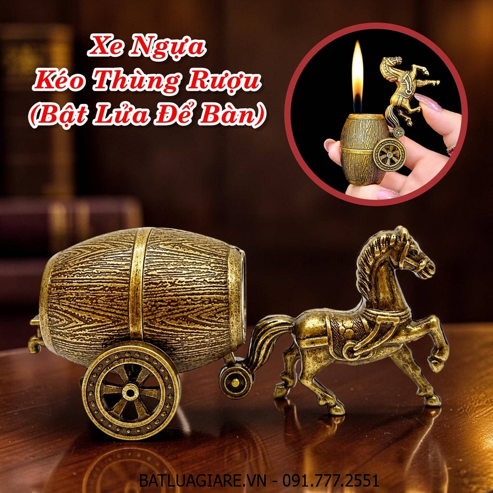 BẬT LỬA HÌNH CỔ XE NGỰA KÉO THÙNG RƯỢU (BẬT LỬA ĐỂ BÀN) - (XÀI GAS)