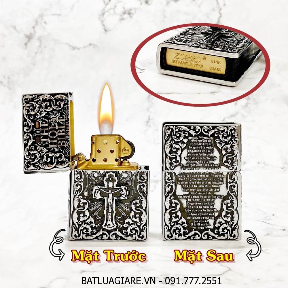 BẬT LỬA ZIPPO ZORRO HÌNH QUYỂN SÁCH KINH THÁNH THE HOLY BIBLE - RUỘT VÀNG (FULLBOX) - (XÀI XĂNG) #BẠC