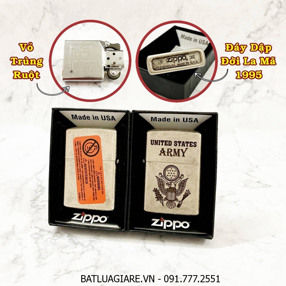 BẬT LỬA ZIPPO MỸ BẠC CỔ U.S ARMY (QUÂN ĐỘI MỸ) - ĐỜI LA MÃ 1995 - RUỘT USA (CÓ TEM ĐỎ) - (XÀI XĂNG) #BẠC CỔ