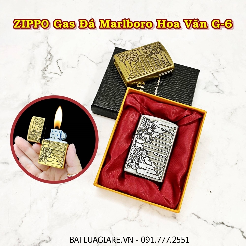 BẬT LỬA ZIPPO GAS ĐÁ MARLBORO HOA VĂN G-6 (CÓ HỘP) - (XÀI GAS)