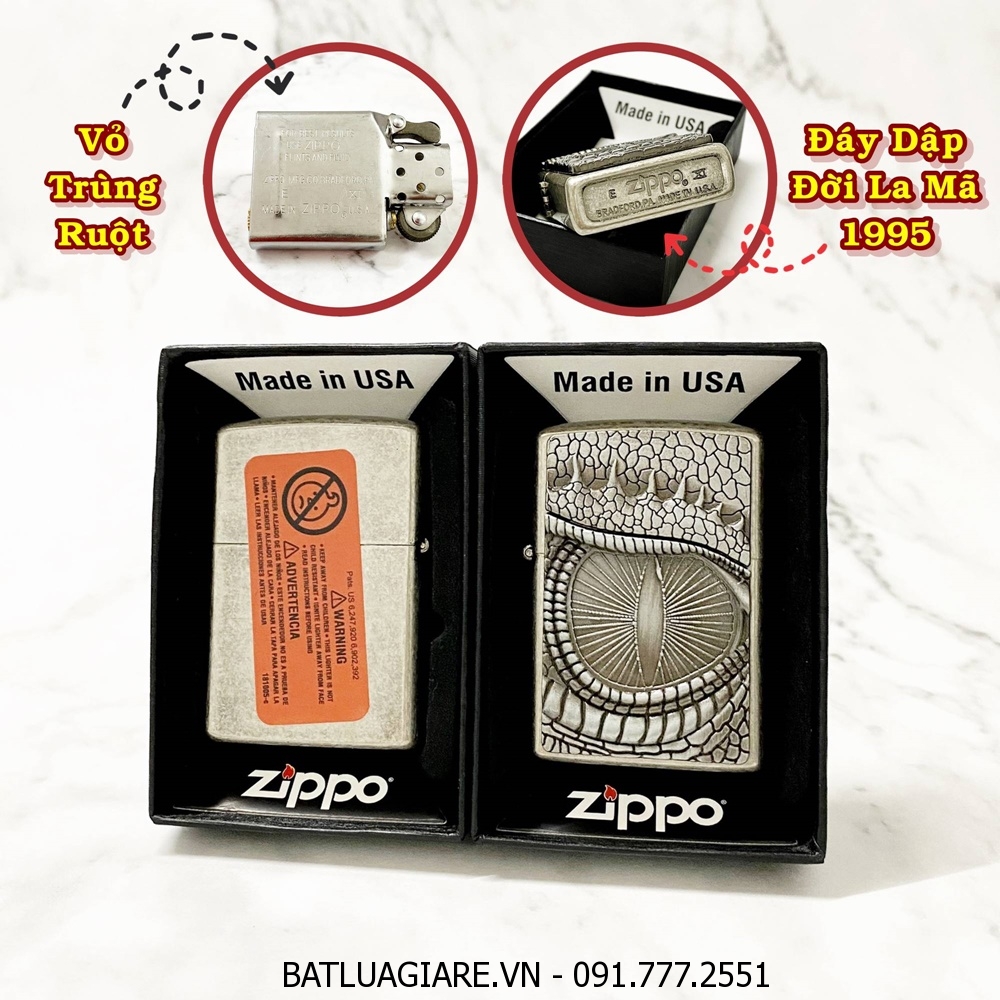 BẬT LỬA ZIPPO MỸ LIMITED EDITION HÌNH MẮT RỒNG - ĐỜI LA MÃ 1995 - RUỘT USA (CÓ TEM ĐỎ) - (XÀI XĂNG) #BẠC